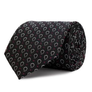 Black silk tie with white pattern with red polka dots