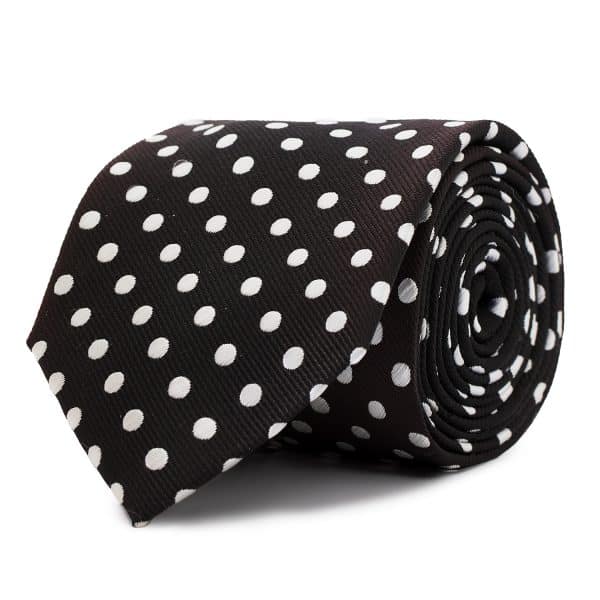 Silk tie with white polka dots on a black background