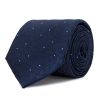 Cravatta in seta a pois bianchi e rossi su fondo blu navy.